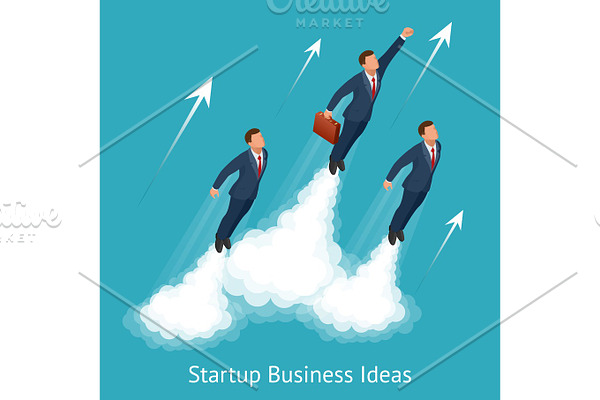Vector isometric startup business, innovation, technology, start button , take off young businessmen, development and business launch up