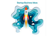 Vector creative illustration of business startup, innovation, technology, start button. Paper spaceship launch to space. Development and business launch up, business concept.