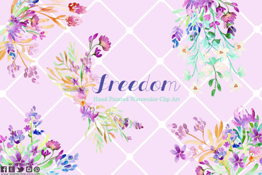 Freedom floral watercolor clip art in Illustrations - product preview 8