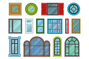 Different types house windows elements flat style frames construction decoration apartment vector illustration.