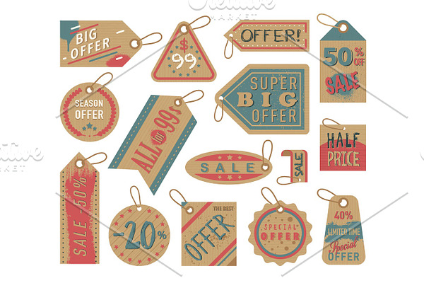 Craft paper tag shop clothes sale stiker cardboard gift price vintage brown label card vector illustrations