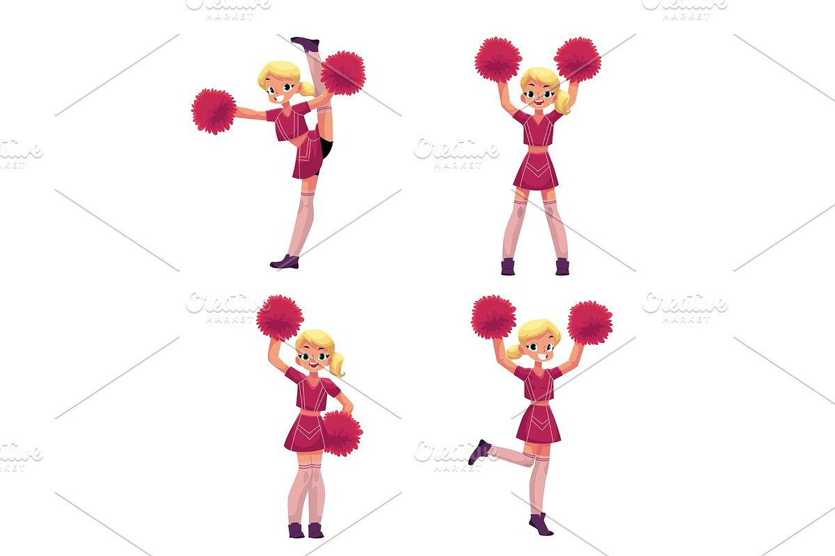 Pretty blond girl in cheerleader uniform with pompoms, cartoon illustration in Illustrations - product preview 8