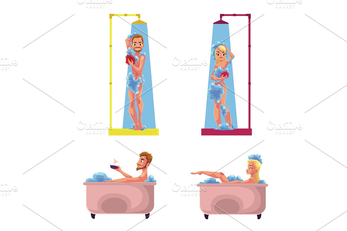 Man, woman, taking shower, bath, washing, enjoying bathing in bathtub in Illustrations - product preview 8