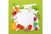 Vegetables top view frame. Farmers market menu design. Organic food poster. Vintage hand drawn sketch vector illustration.