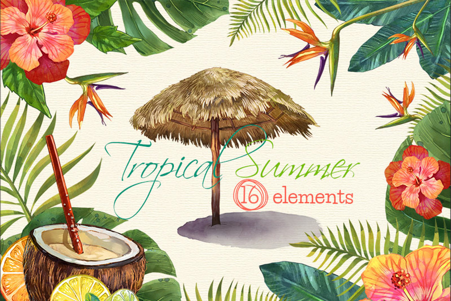 Tropical Summer Watercolor Clip Arts