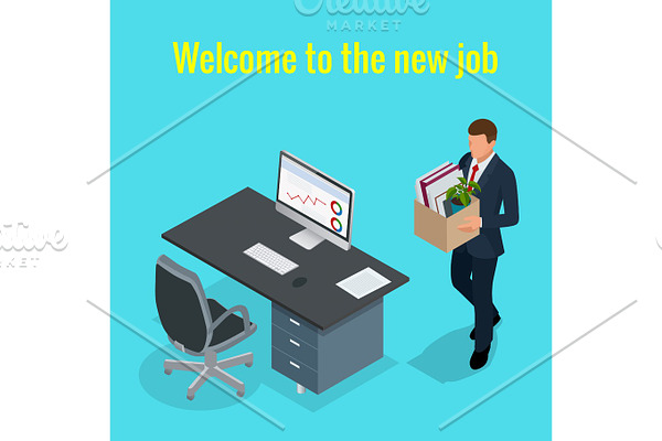 New Job concept. People Isometric vector 3D office workers and subordinates isolated. Man going to the new job with box. Welcome to the new job business concept.