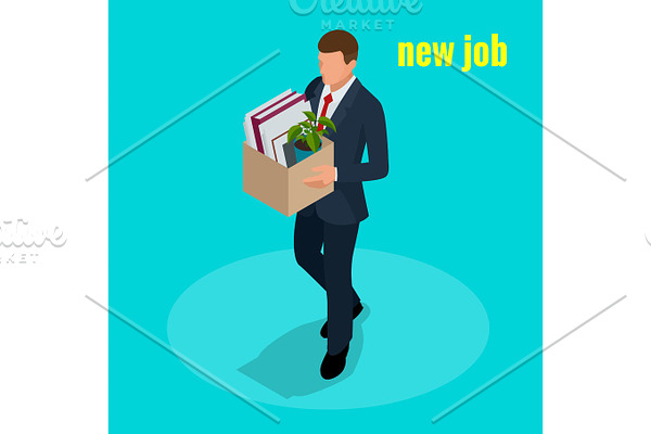 New Job concept. People Isometric vector 3D office workers and subordinates isolated. Man going to the new job with box. Welcome to the new job business concept.
