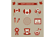 Happy Canada Day icon set, design elements, vintage style. July 1 National Day of Canada holiday collection of objects with firework, flag, hat, balloons, emblem. Vector illustration.