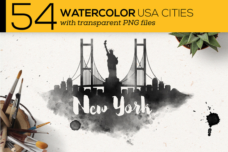 54 Watercolor USA City Silhouettes