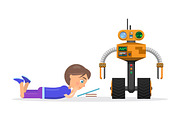Little Boy Lies and Read Beside Robot Illustration