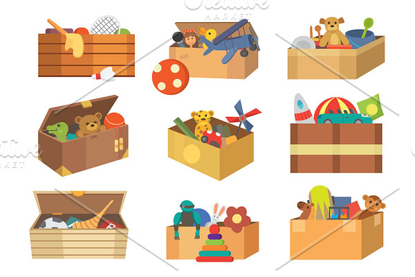 Boxes full kid toys cartoon cute graphic play childhood baby room container vector illustration