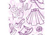 Fashion vogue seamless pattern vintage doodle hand drawn clothes and accessory vector illustration.