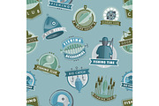 Vector badges catching fish fishing club or shop fisherman logo vector illustration seamless pattern background