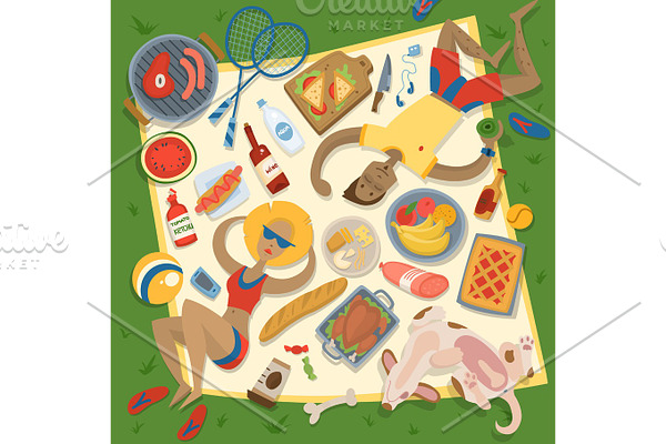 Adult couple man and woman on summer picnic barbecue outdoor icons romantic summer picnic food vector illustration