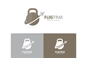 Vector of sport and airplane logo combination. Gym and travel symbol or icon. Unique flight fitness and workout logotype design template.