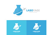 Vector of flask and airplane logo combination. Laboratory and travel symbol or icon. Unique flight and science logotype design template.