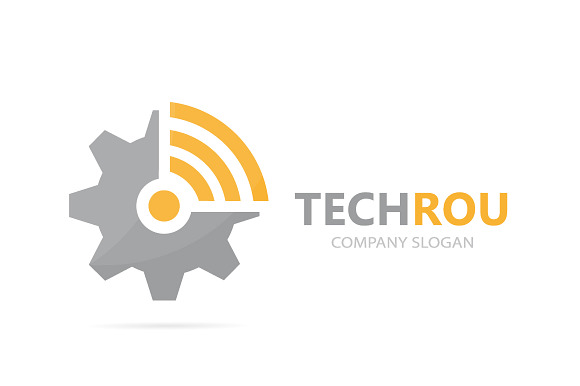 Vector of gear and wifi logo combination. Mechanic and signal symbol or icon. Unique industrial and radio, internet logotype design template. in Logo Templates - product preview 1