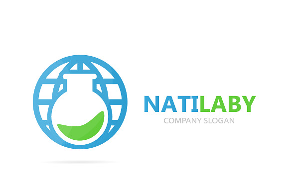 Vector of flask and planet logo combination. Laboratory and world symbol or icon. Unique bottle and globe logotype design template. in Logo Templates - product preview 1