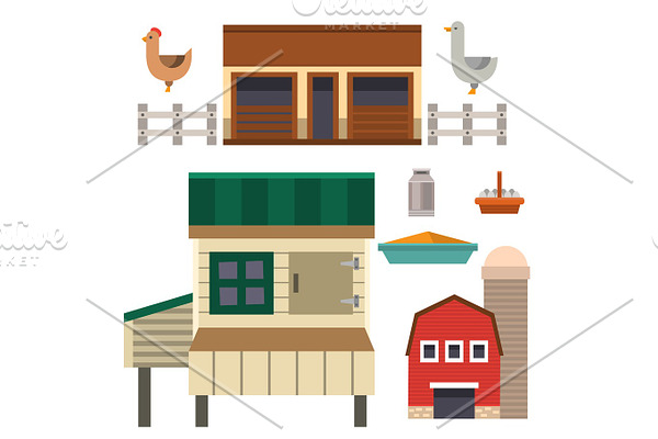 Farm house food outdoor barn building clean meadow natural agriculture animals vector illustration.