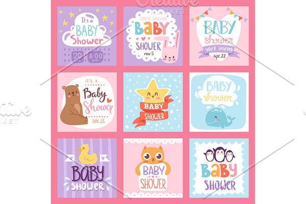 Baby shower invitation vector set card print design layout illustration
