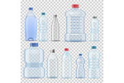Transparent water plastic clean bottle 3d realistic container barrel gallon template set vector illustration company branding