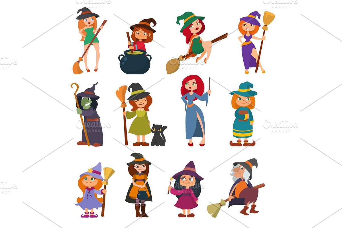 Cute little witch hag harridan vixen with broom cartoon magic Halloween young girls character costume hat vector illustration. in Illustrations - product preview 8