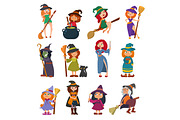 Cute little witch hag harridan vixen with broom cartoon magic Halloween young girls character costume hat vector illustration.