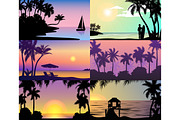 Summer night time sunset vacation nature tropical palm trees silhouette beach landscape of paradise island holidays vector illustration.