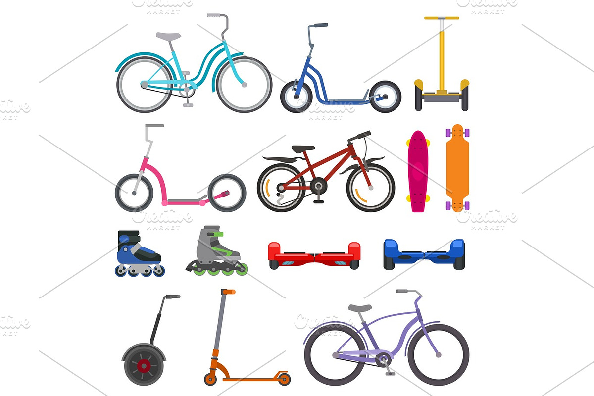 Alternative city wheel transport and urban circle wheeling personal bike transportation gadgets electric scooters vector illustration. in Illustrations - product preview 8