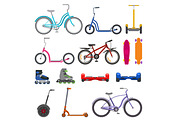 Alternative city wheel transport and urban circle wheeling personal bike transportation gadgets electric scooters vector illustration.