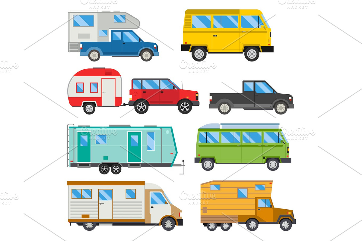 Campers vacation travel car summer nature holiday trailer house vector illustration flat transport in Illustrations - product preview 8