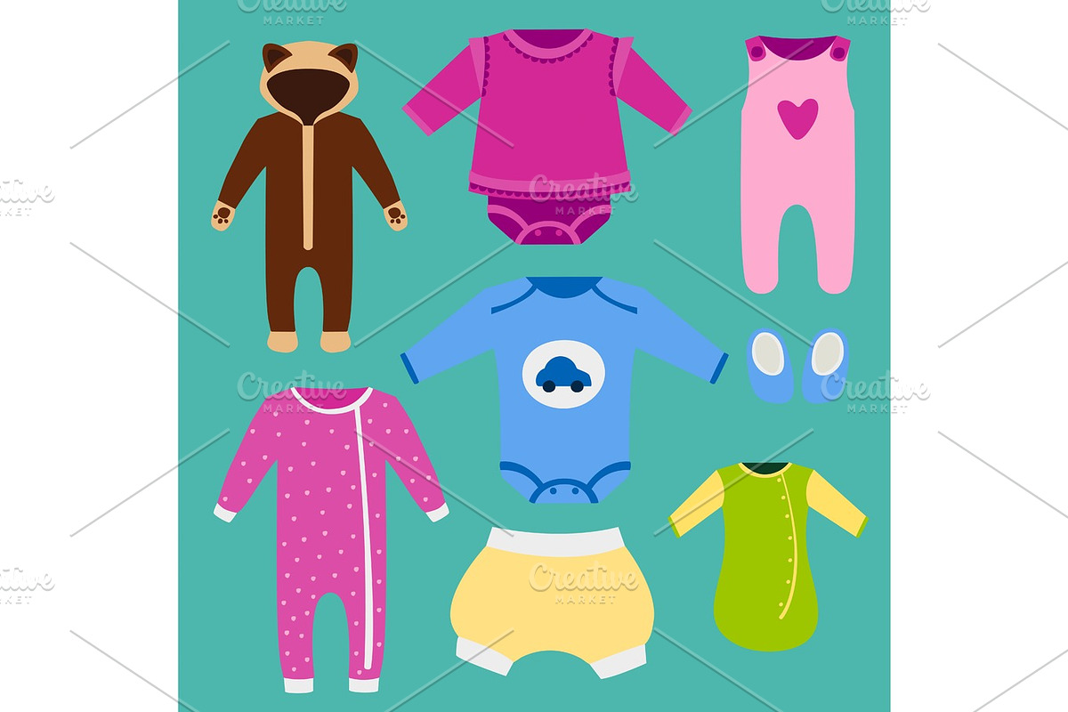 Vector baby clothes icon set design textile casual fabric colorful dress child garment wear illustration. in Illustrations - product preview 8