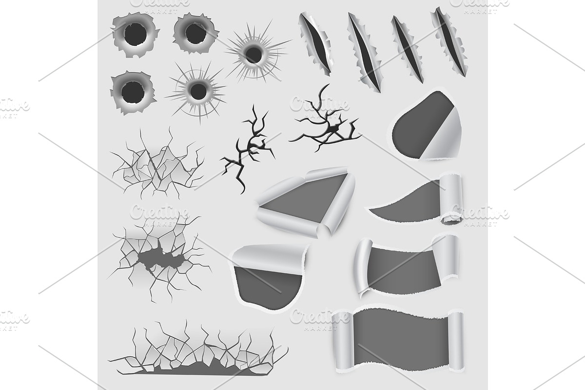 Collection of torn edges of a hole lacerated ragged paper edge and crack realistic 3d style vector illustration. in Illustrations - product preview 8