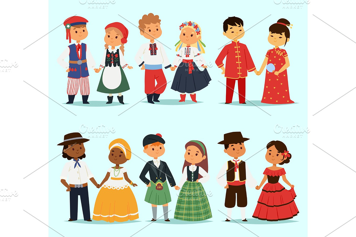 Traditional kids couples character of world dress girls and boys in different national costumes and cute little children nationality dress vector illustration. in Illustrations - product preview 8