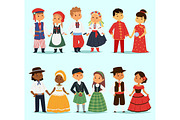 Traditional kids couples character of world dress girls and boys in different national costumes and cute little children nationality dress vector illustration.
