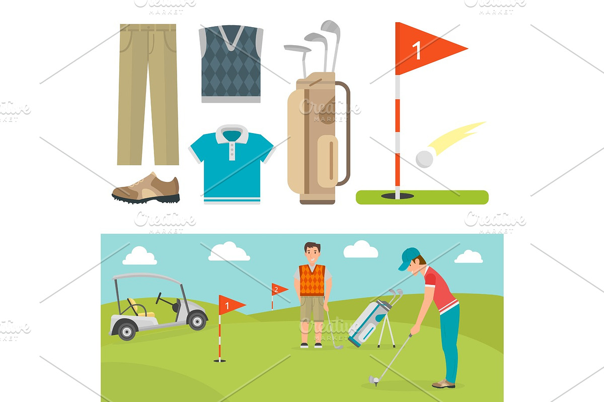 Vector set of stylized golf icons hobby equipment collection cart golfer player sport symbols in Illustrations - product preview 8