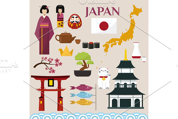 Japan famouse culture architecture buildings and japanese traditional food vector icons illustration of travel vacation to country