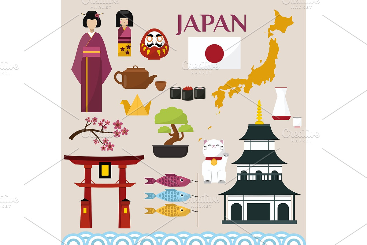Japan famouse culture architecture buildings and japanese traditional food vector icons illustration of travel vacation to country in Illustrations - product preview 8