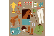 Flat color jockey icons set with equipment for horse riding isolated and horseshoe saddle sport race equestrian stallion barrier vector illustration