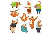 Laziness sloth animal character different human pose lazy cartoon kawaii wild jungle mammal flat design vector illustration people life role