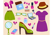 Vector summer girl clothing and accessories isolated shopping items and beautiful cosmetic or makeup.