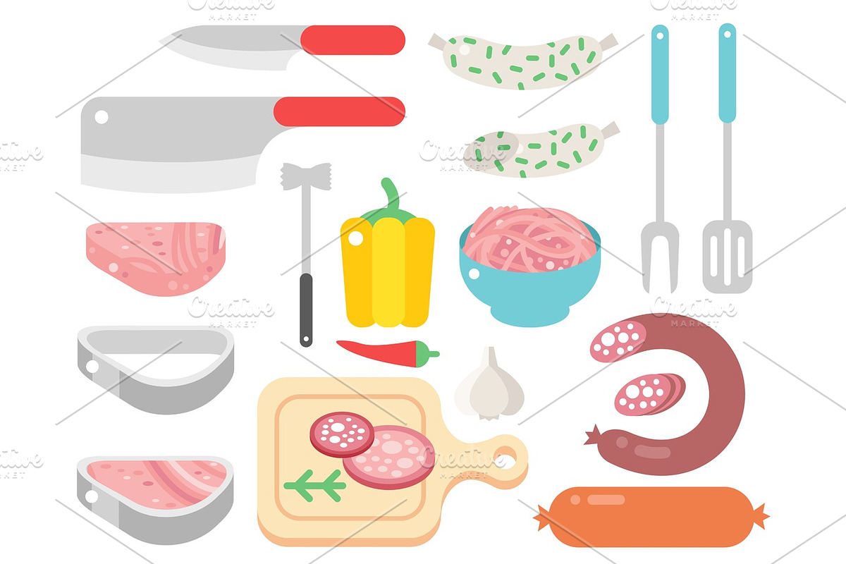 Meat products ingredient and rustic elements preparation equipment food flat vector illustration. in Illustrations - product preview 8