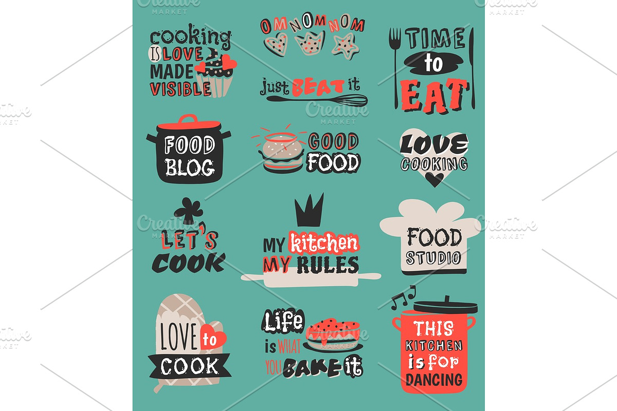Food logotype restaurant vintage design cooking quote text phrases badge label icon and hand drawn stamp retro template vector illustration. in Illustrations - product preview 8