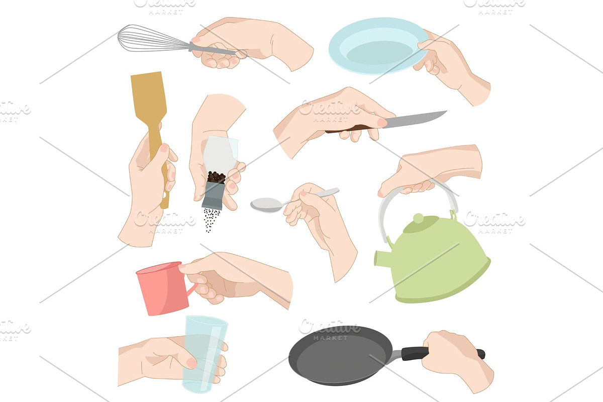 Restaurant kitchen ware human hands cooking food home utensils graphic kitchenware utensils vector illustration in Illustrations - product preview 8