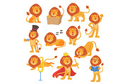 Lion mascot vector pose happy cartoon cute wild character safari mammal cat jungle animal illustration.