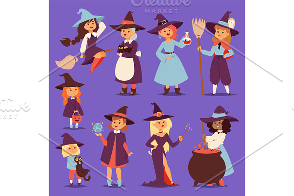 Cute little witch hag harridan vixen with broom cartoon cat for print on bag magic Halloween card fantasy young girls character costume hat vector illustration.