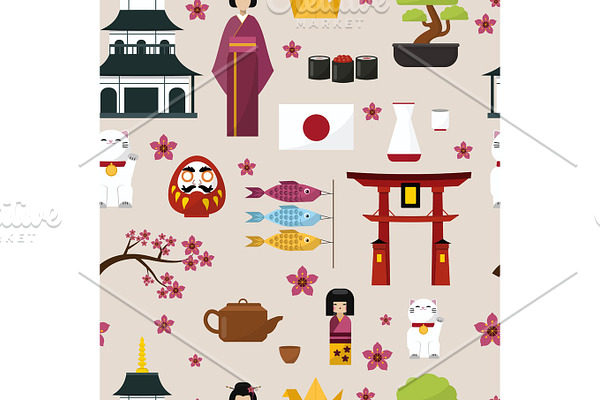Japan famouse culture architecture buildings and japanese traditional food vector icons of travel vacation to country pattern seamless background
