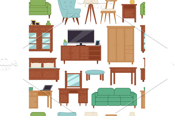 Furniture interior home design modern living room house seamless pattern background vector illustration