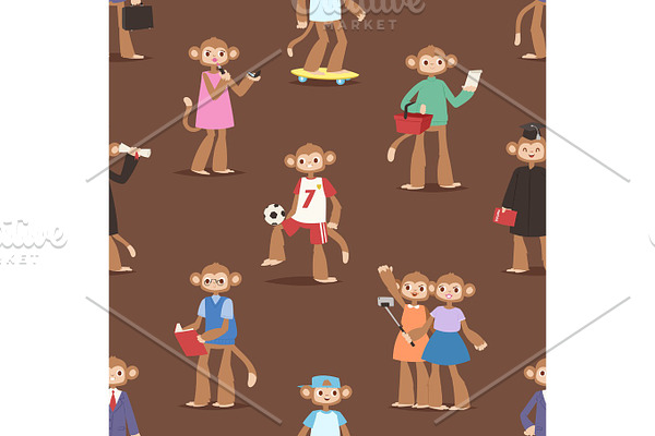 Monkey like people cartoon characters animal ape funny seamless pattern background vector illustration