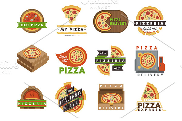 Delivery pizza logo badge pizzeria restaurant service fast food vector illustration.